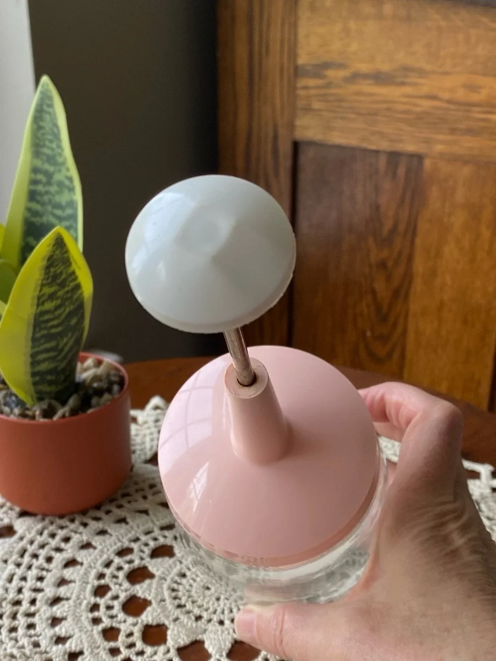 Vintage Pink Glass Hand Grinder and Jar EUC